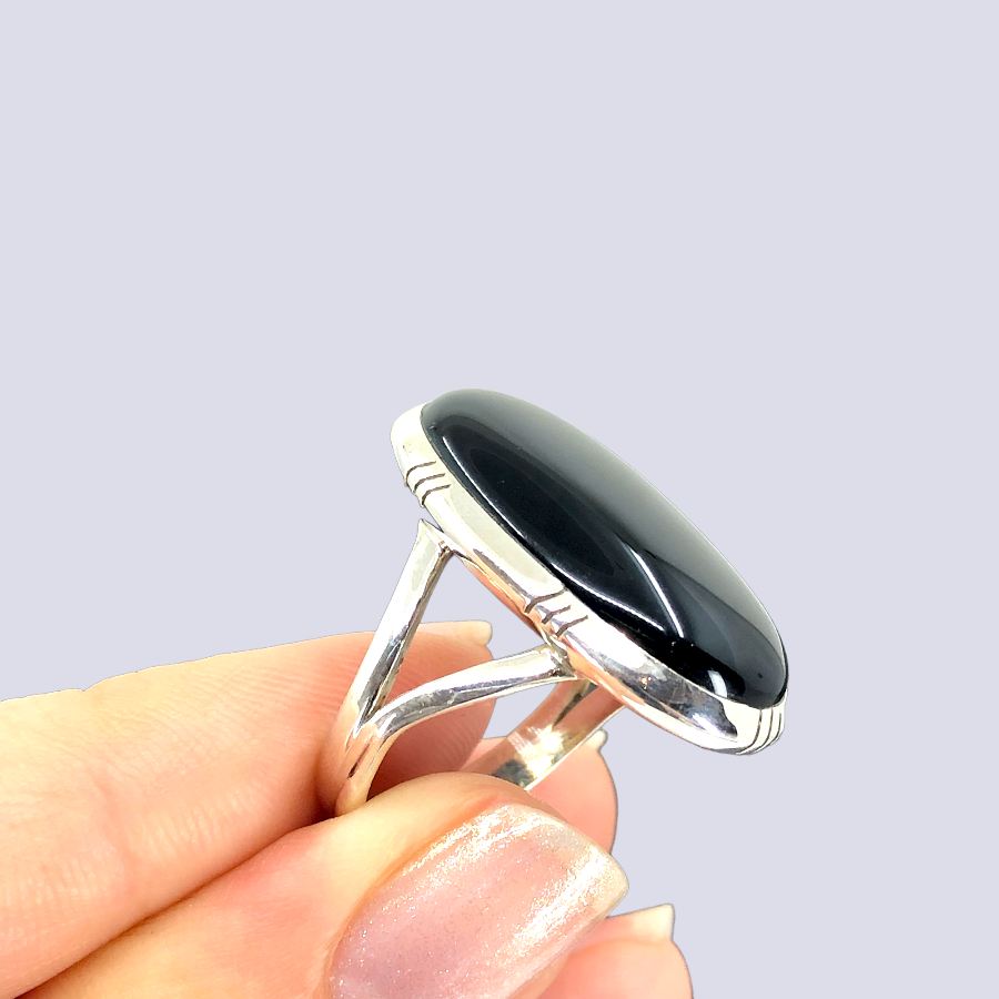 Sterling Silver Ring With Black Onyx, Size 8.5