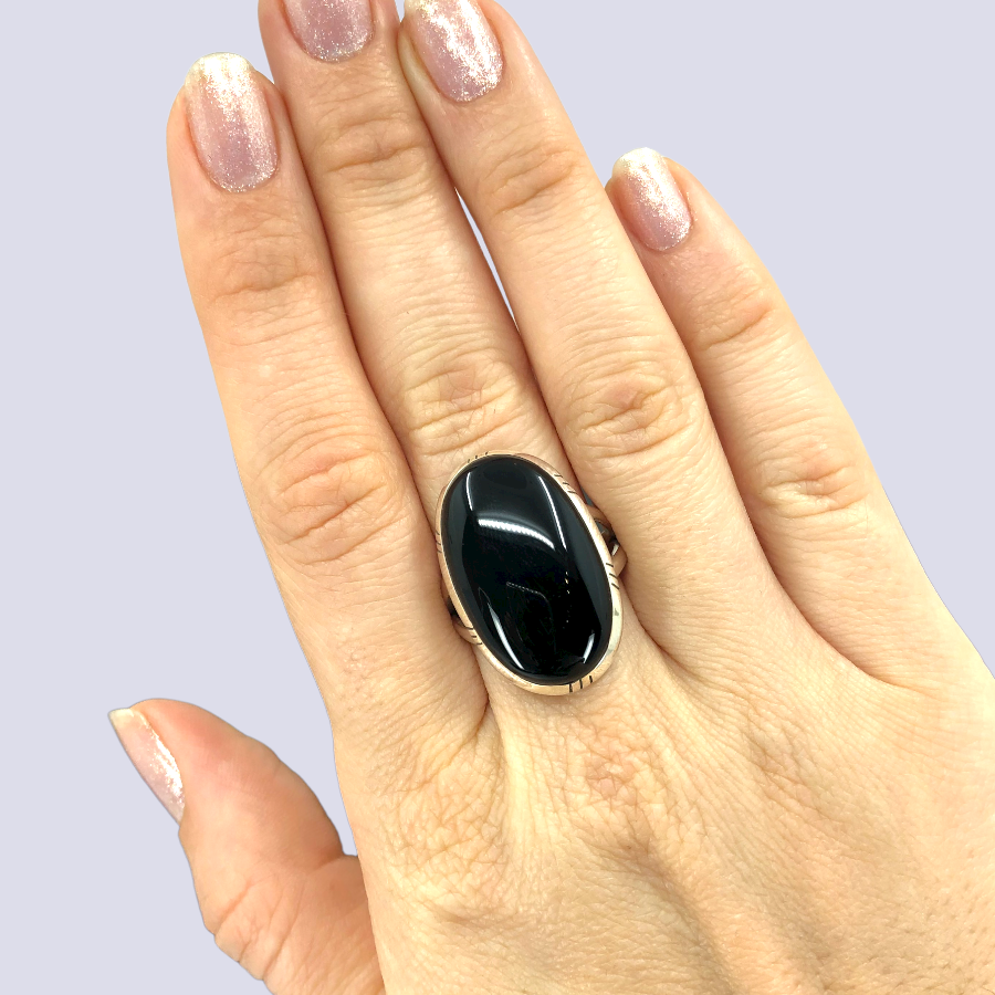 Sterling Silver Ring With Black Onyx, Size 8.5