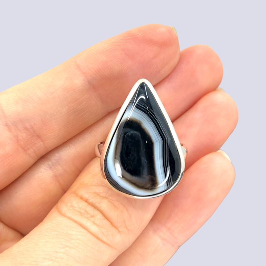 Sterling Silver Ring With Black Laced Agate, Size 9
