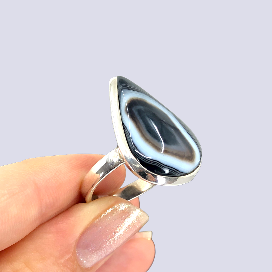 Sterling Silver Ring With Black Laced Agate, Size 9