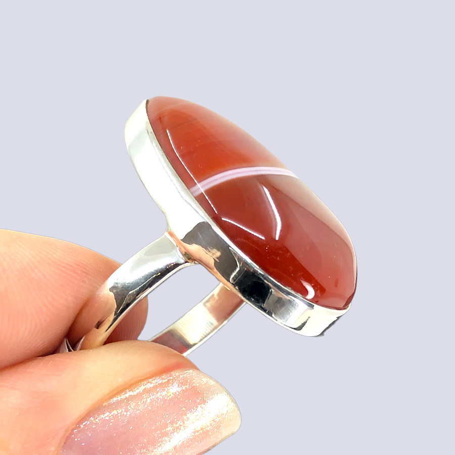 Sterling Silver Ring With Red Banded Agate, Size 8.5