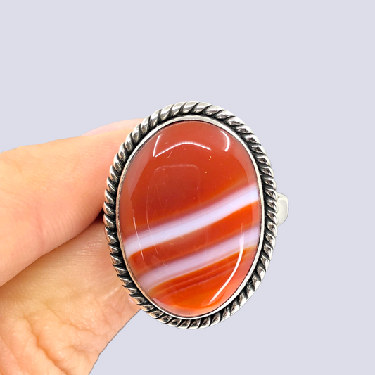 Sterling Silver Ring With Red Banded Agate, Size 8.5