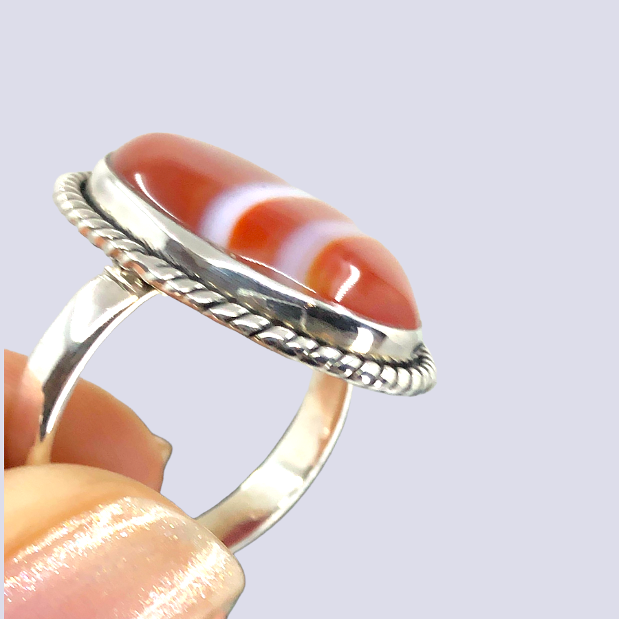 Sterling Silver Ring With Red Banded Agate, Size 8.5