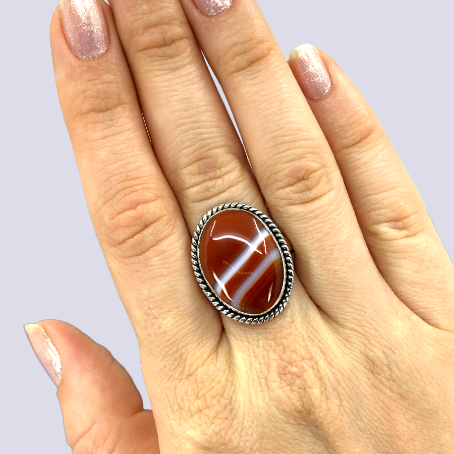 Sterling Silver Ring With Red Banded Agate, Size 8.5