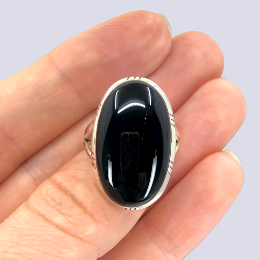 Sterling Silver Ring With Black Onyx, Size 8