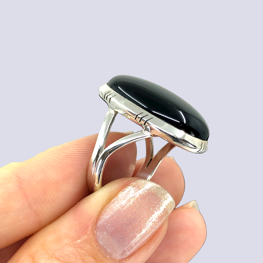 Sterling Silver Ring With Black Onyx, Size 8