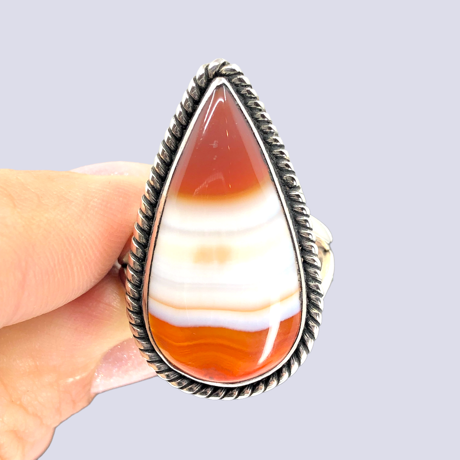 Sterling Silver Ring With Red Banded Agate, Size 8