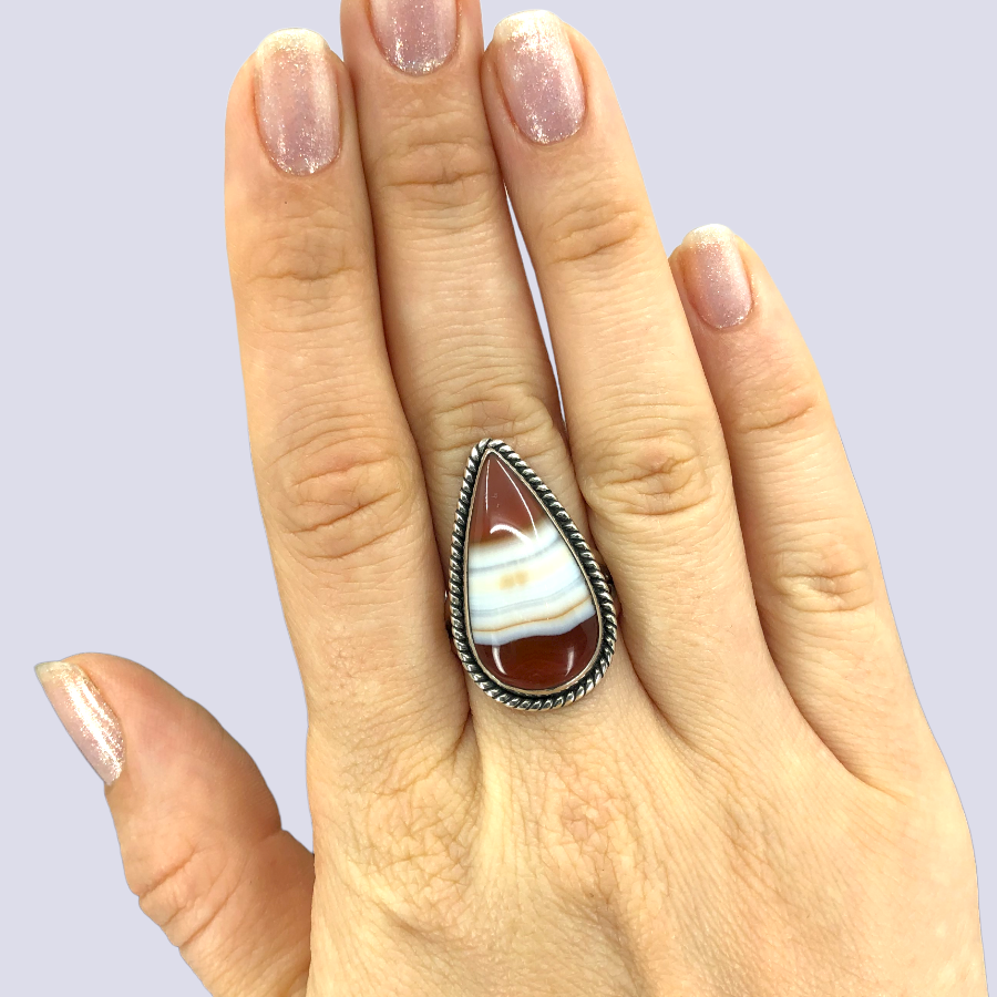 Sterling Silver Ring With Red Banded Agate, Size 8