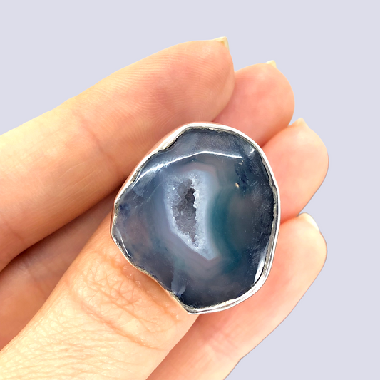 Sterling Silver Ring With Blue Agate Druzy, Size 8 (Adjustable)
