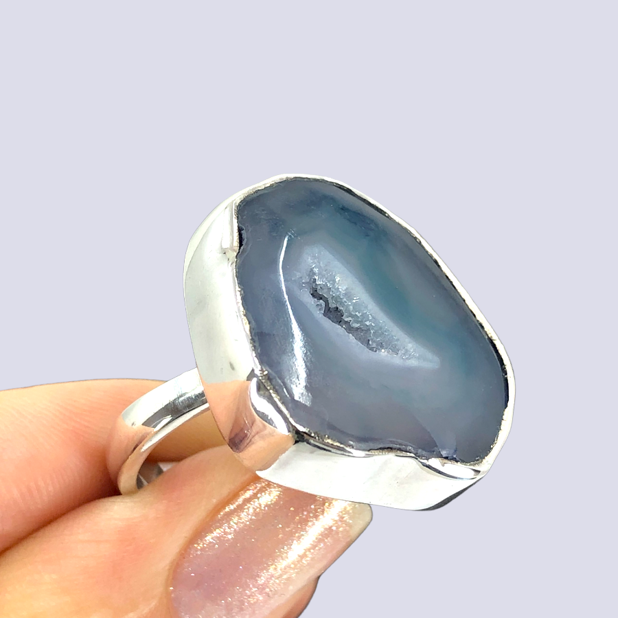 Sterling Silver Ring With Blue Agate Druzy, Size 8 (Adjustable)