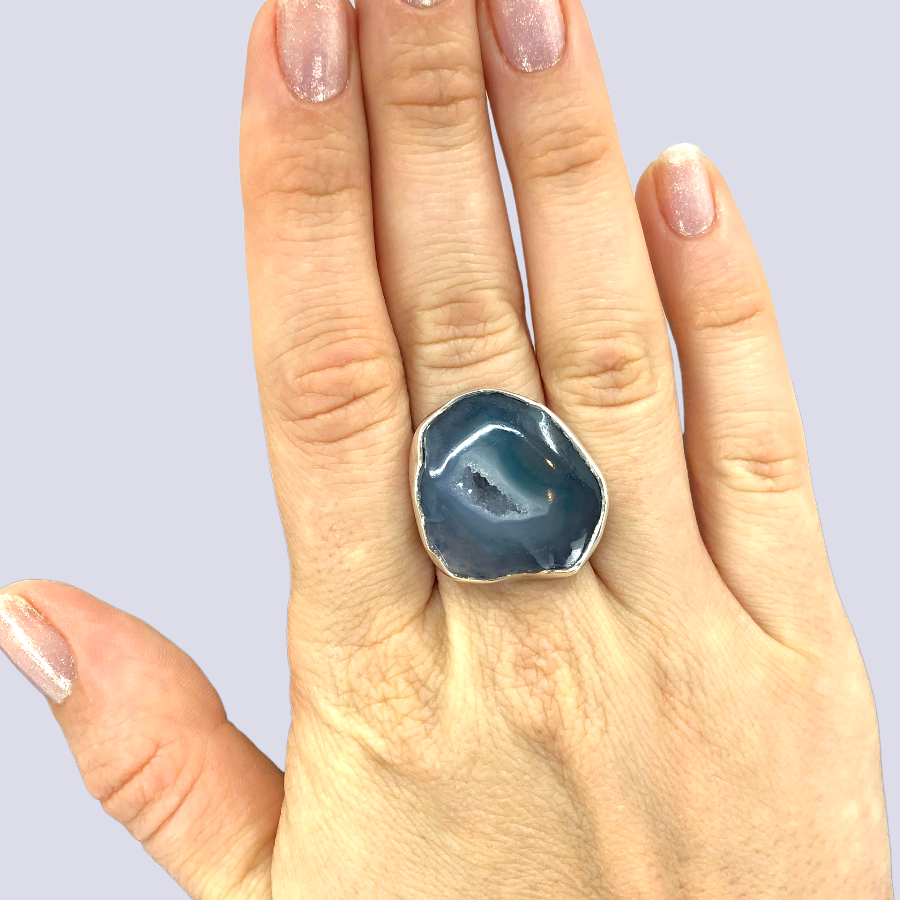 Sterling Silver Ring With Blue Agate Druzy, Size 8 (Adjustable)