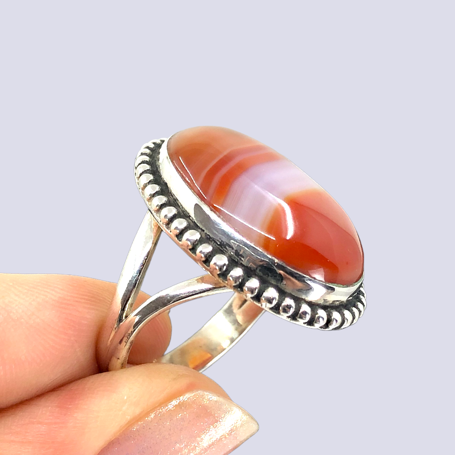 Sterling Silver Ring With Red Banded Agate, Size 7