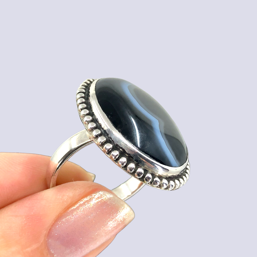 Sterling Silver Ring With Black Laced Agate, Size 8.5