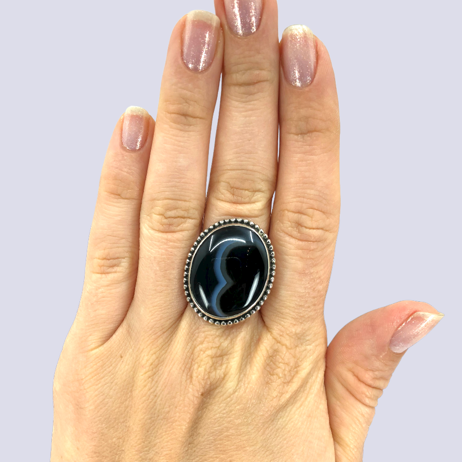 Sterling Silver Ring With Black Laced Agate, Size 8.5