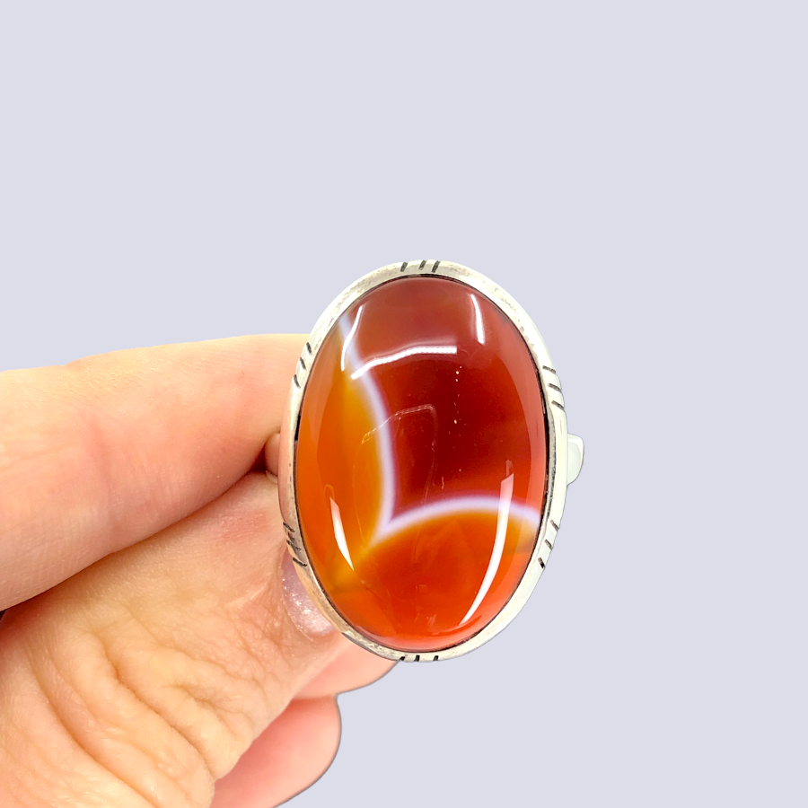 Sterling Silver Ring With Red Banded Agate, Size 7.5