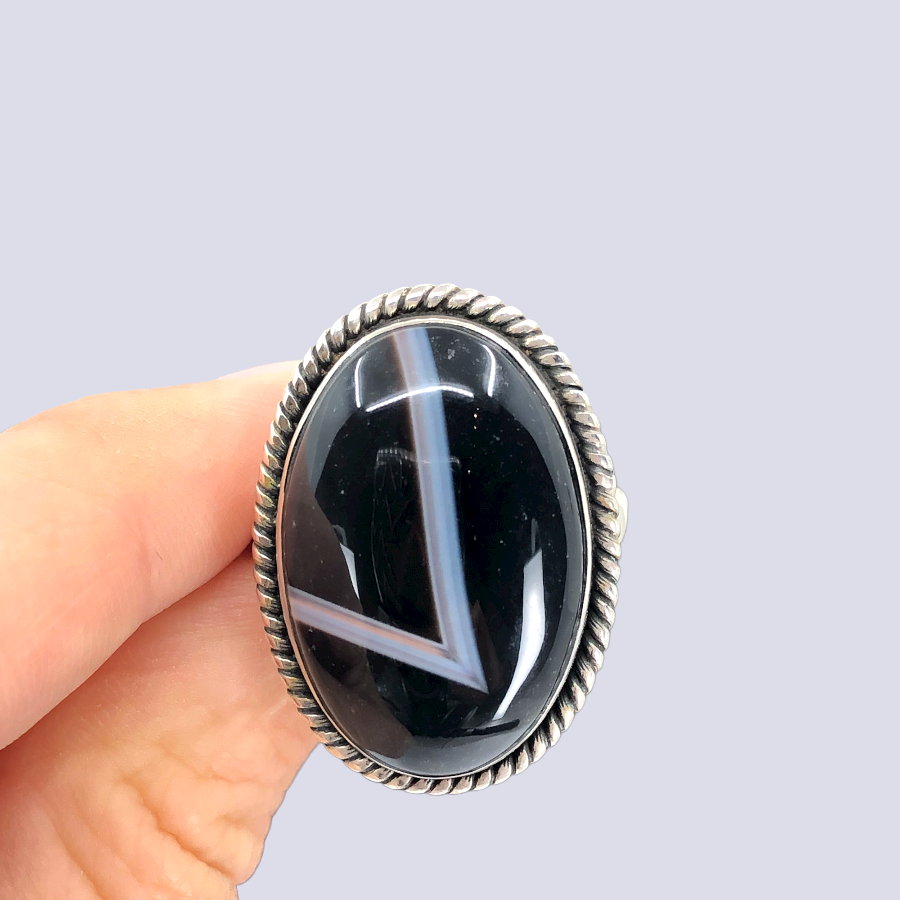 Sterling Silver Ring With Black Laced Agate, Size 8