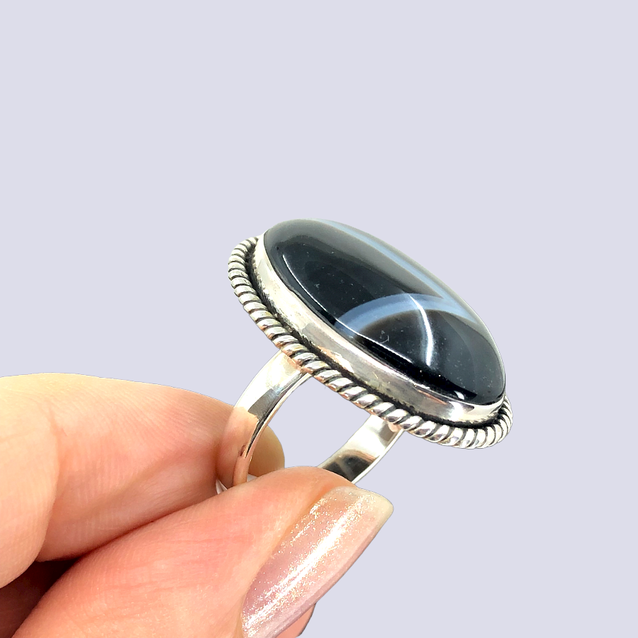 Sterling Silver Ring With Black Laced Agate, Size 8