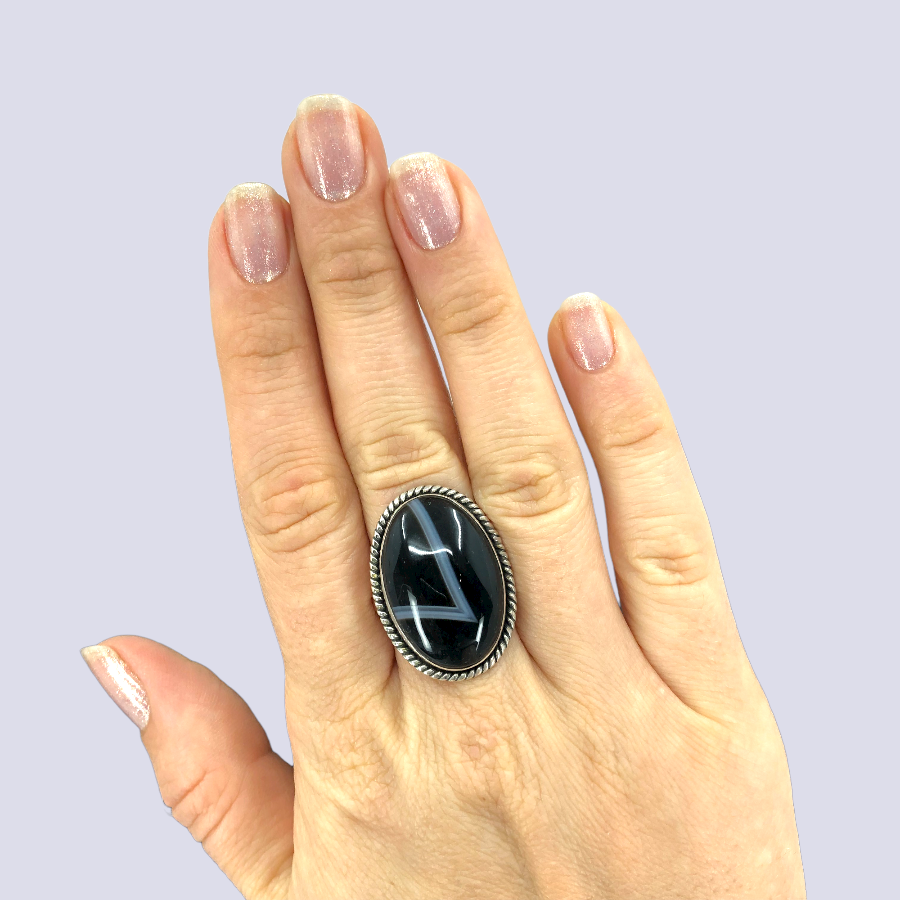 Sterling Silver Ring With Black Laced Agate, Size 8