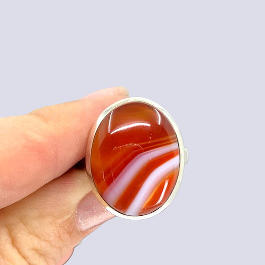 Sterling Silver Ring With Red Banded Agate, Size 7.5