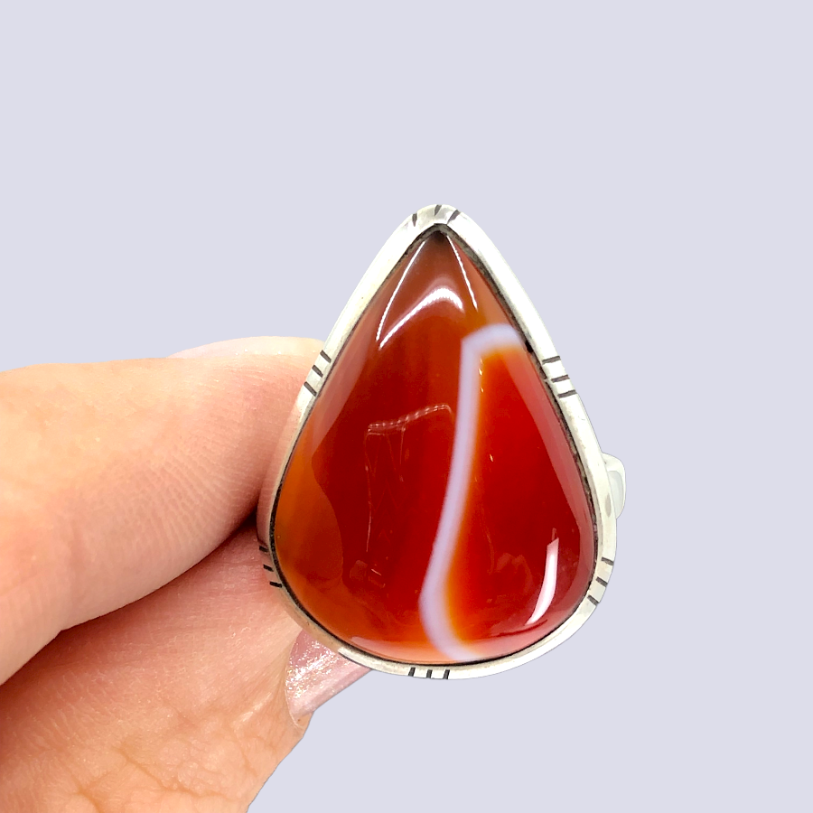 Sterling Silver Ring With Red Banded Agate, Size 6