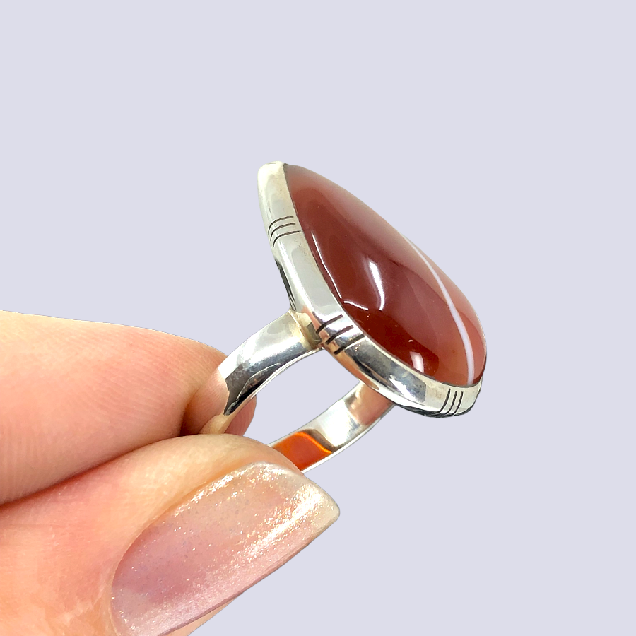 Sterling Silver Ring With Red Banded Agate, Size 6