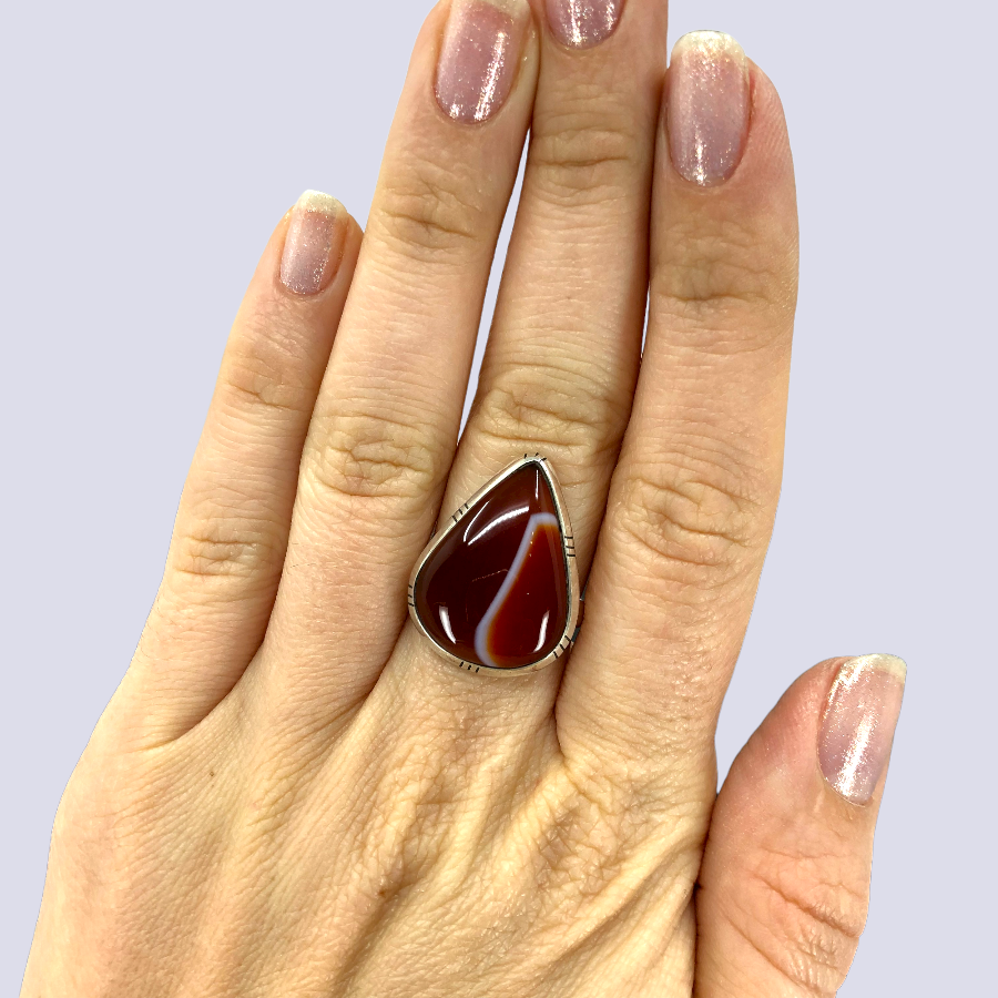 Sterling Silver Ring With Red Banded Agate, Size 6