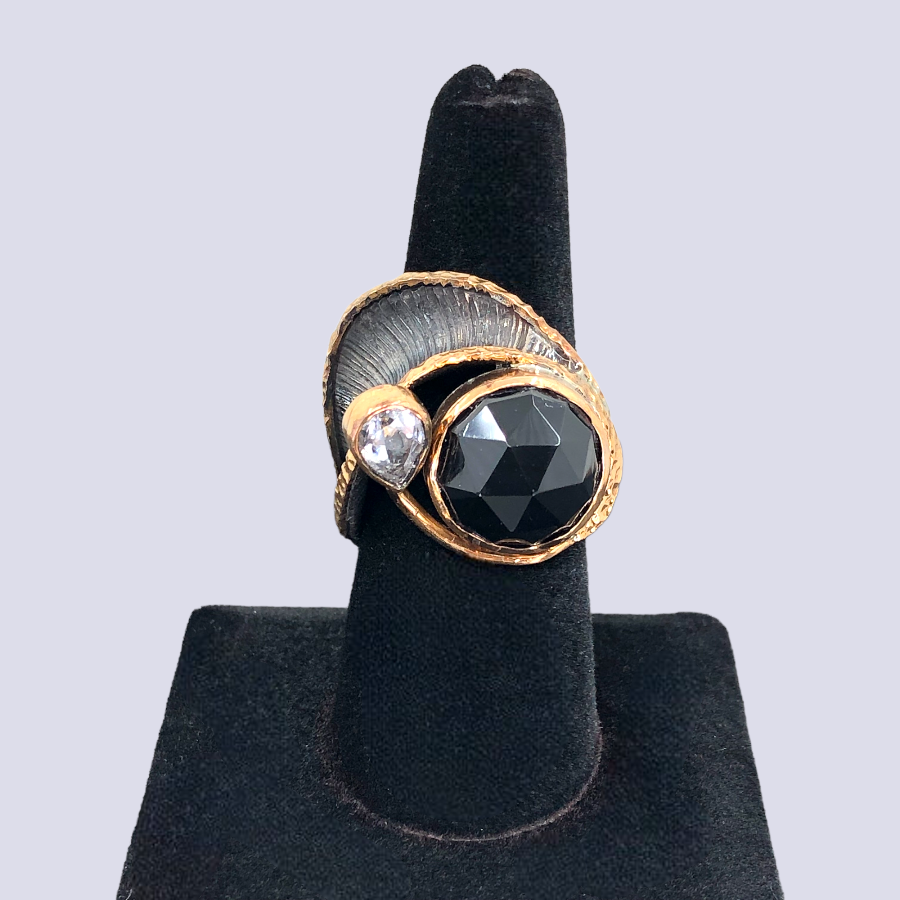 925 Sterling Silver Ring With Black Spinel And CZ, Size 9