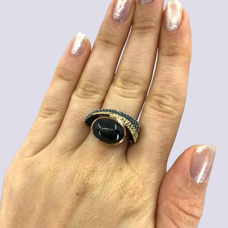 Oxidized 925 Sterling Silver Ring With Black Star Sapphire, Size 7.5