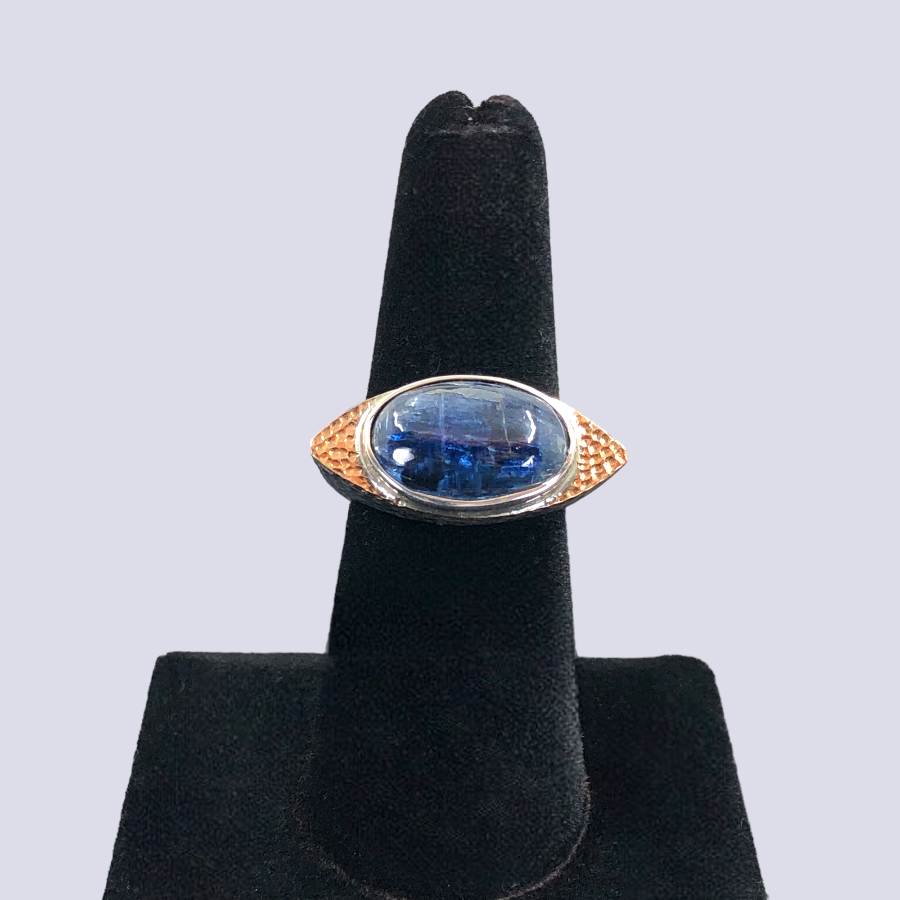 Oxidized 925 Sterling Silver Ring With Kyanite Cabochon, Size 7