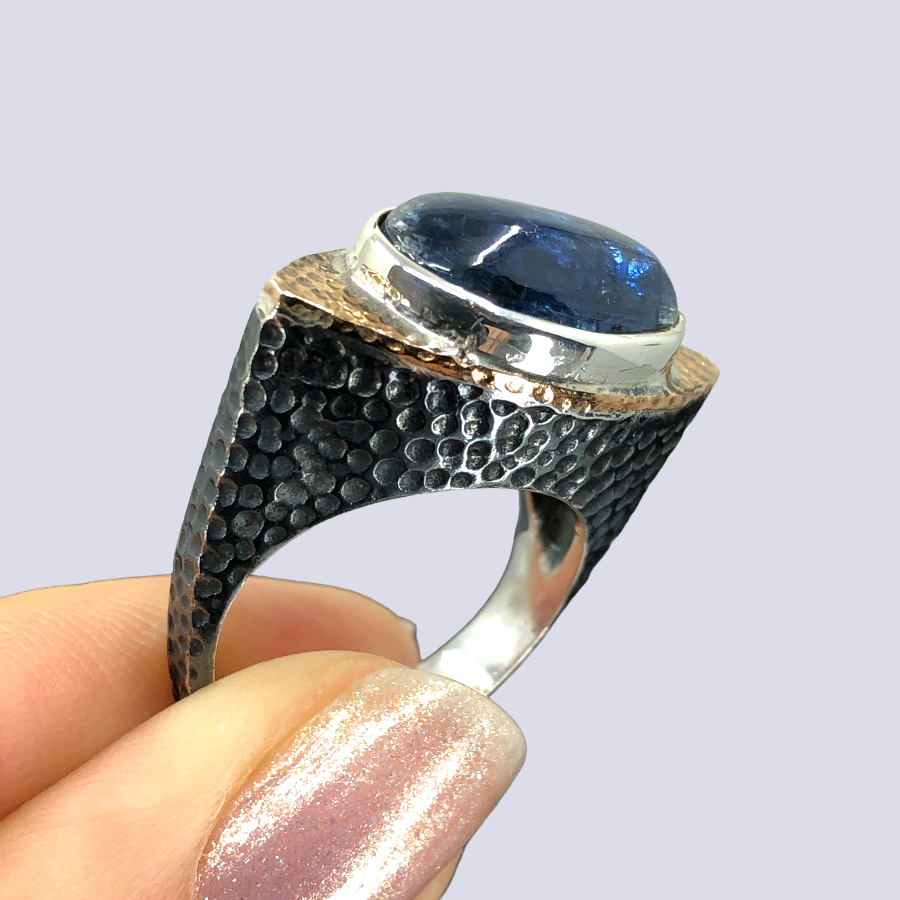 Oxidized 925 Sterling Silver Ring With Kyanite Cabochon, Size 7