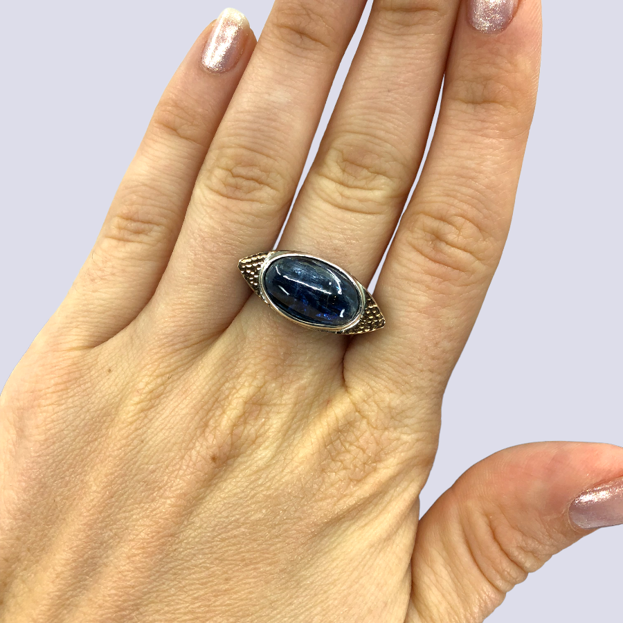 Oxidized 925 Sterling Silver Ring With Kyanite Cabochon, Size 7