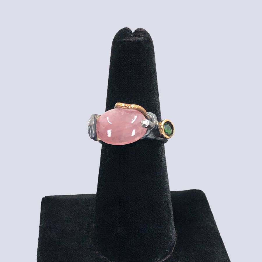 Oxidized 925 Sterling Silver Ring With Pink And Green Tourmalines, Size 7