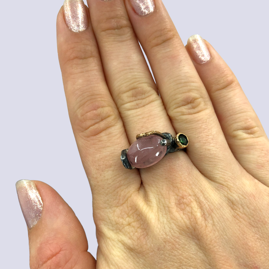 Oxidized 925 Sterling Silver Ring With Pink And Green Tourmalines, Size 7