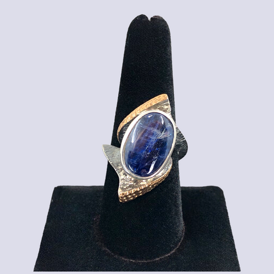 Oxidized 925 Sterling Silver Ring With Kyanite Cabochon, Size 9
