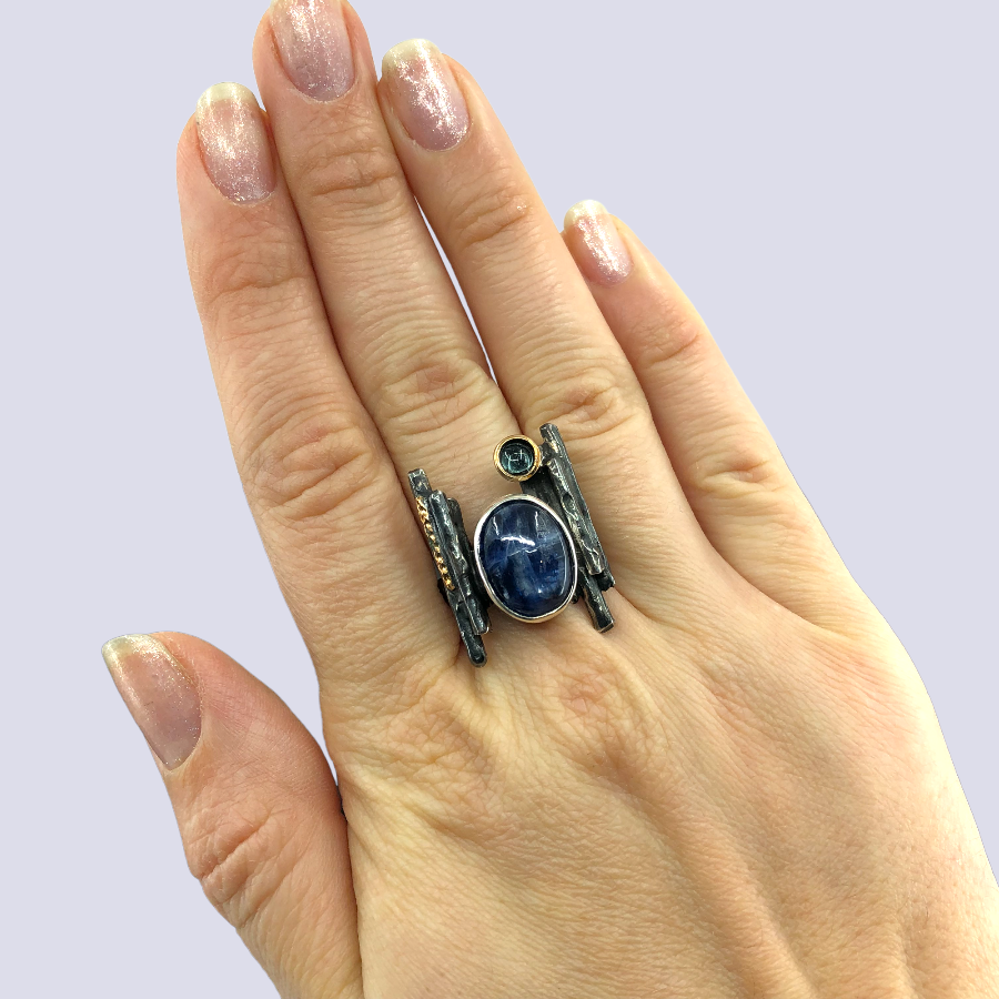 925 Oxidized Silver Ring With Kyanite And Indicolite Tourmaline, Size 8