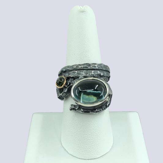 925 Sterling Silver Ring With Green Amethyst And Green Tourmaline, Size 7