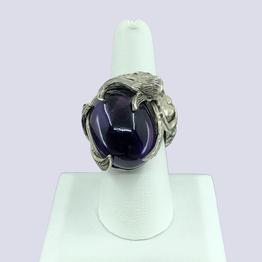 Mermaid 925 Oxidized Silver Ring With Amethyst, Size 9