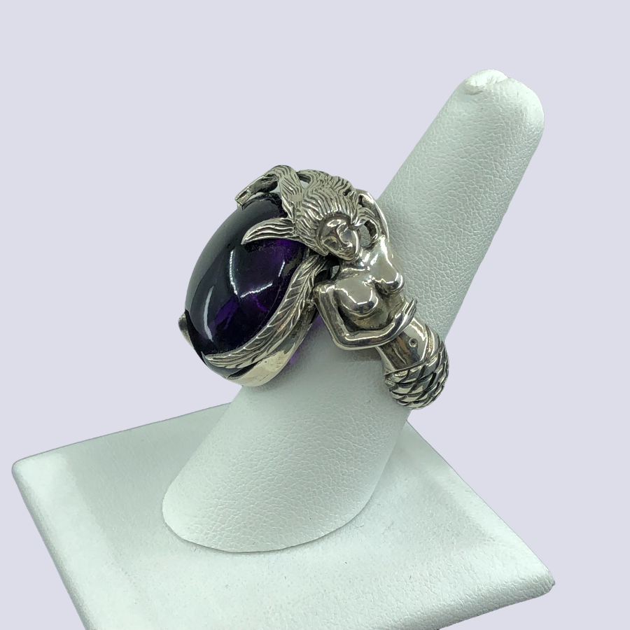 Mermaid 925 Oxidized Silver Ring With Amethyst, Size 9