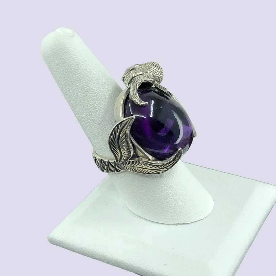 Mermaid 925 Oxidized Silver Ring With Amethyst, Size 9