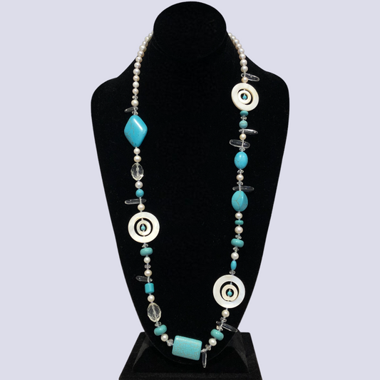 Aquatic Necklace Featuring Fresh Water Pearls, Swirl Carved Mother Of Pearl And Reconstructed Turquoise, 38"