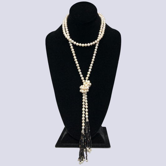 Distinctive String Necklace Featuring White Pearls And Agate Tassels, 52"