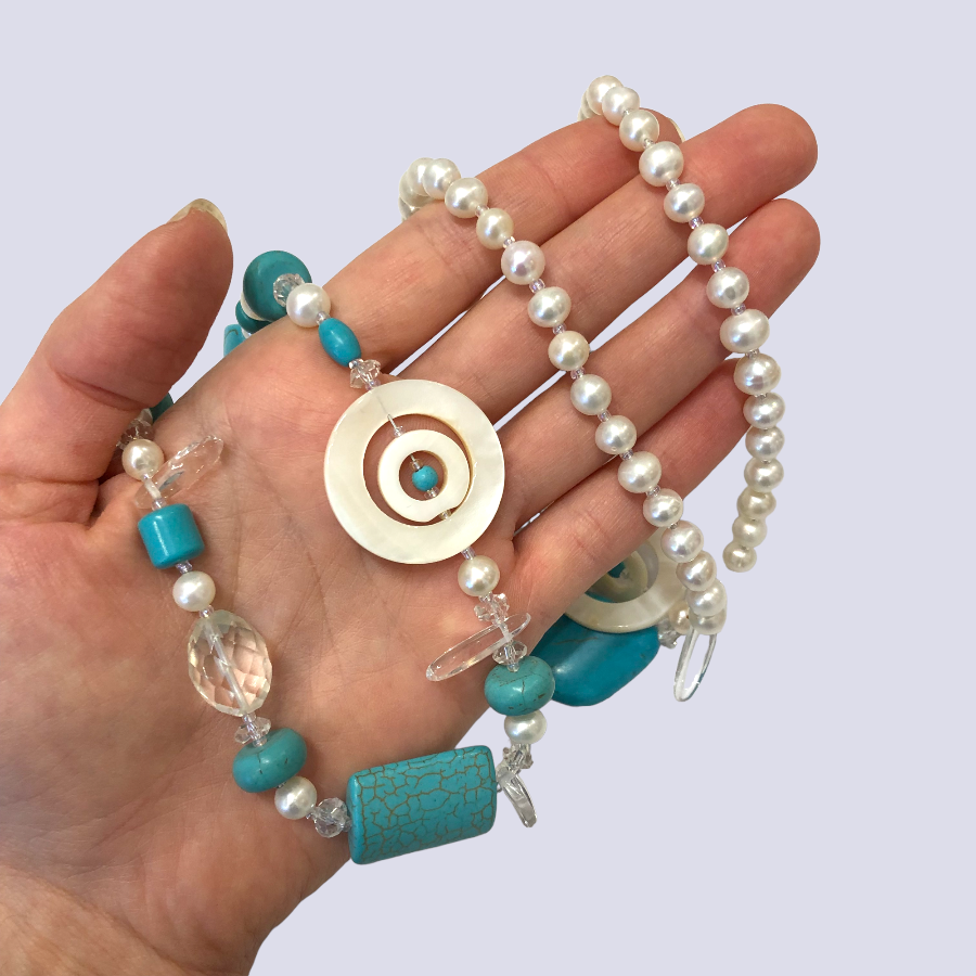 Aquatic Necklace Featuring Fresh Water Pearls, Swirl Carved Mother Of Pearl And Reconstructed Turquoise, 38"