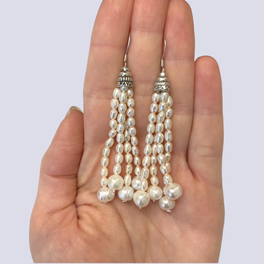 925 Sterling Silver Dangle Earrings Featuring Natural Fresh Water Pearl Tassels