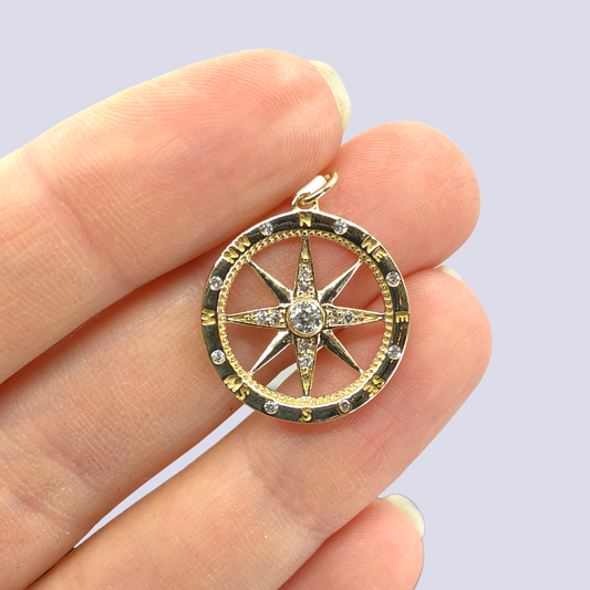 14K Yellow Gold Compass Rose Pendant Inlaid With Natural Diamonds And White Sapphire