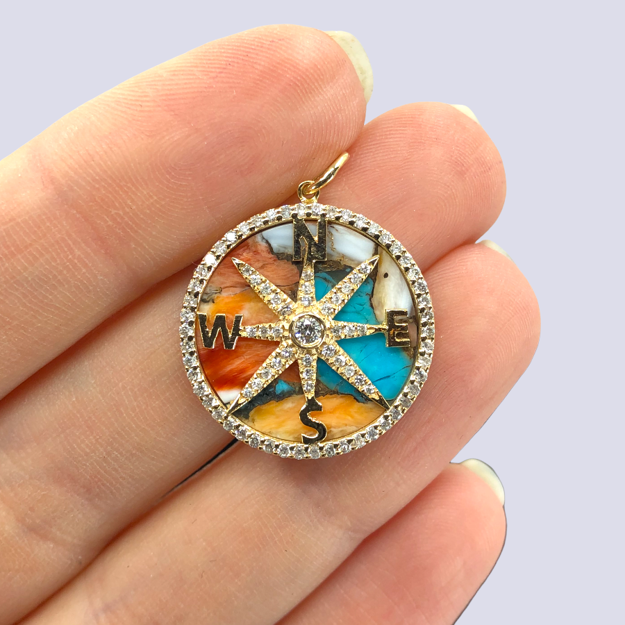 14K Yellow Gold Compass Rose Pendant Inlaid With Natural Diamonds And Oyster Turquoise