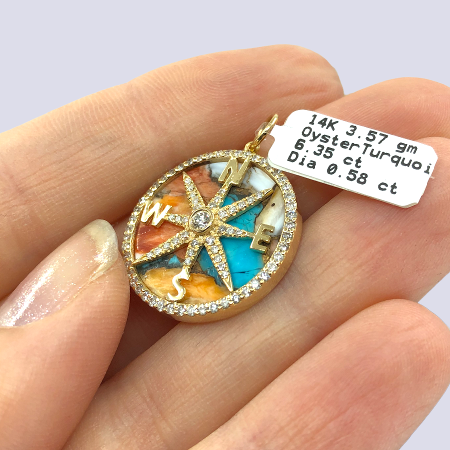 14K Yellow Gold Compass Rose Pendant Inlaid With Natural Diamonds And Oyster Turquoise