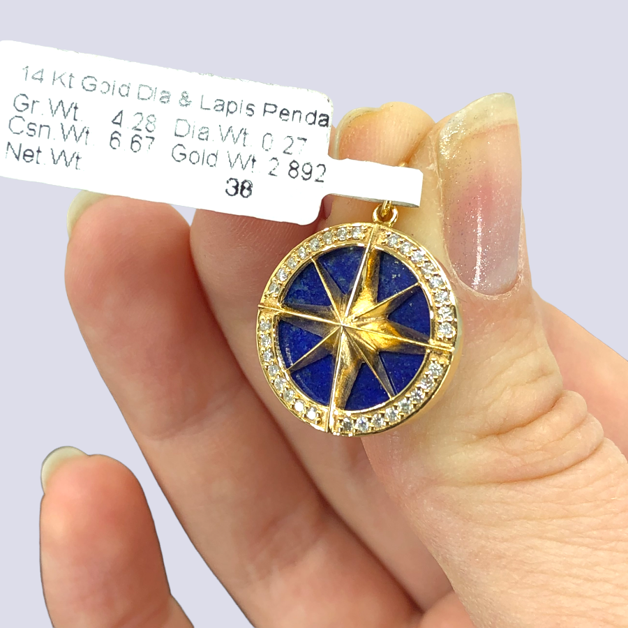 14K Yellow Gold Compass Rose Pendant Inlaid With Natural Diamonds And Lapis Lazuli