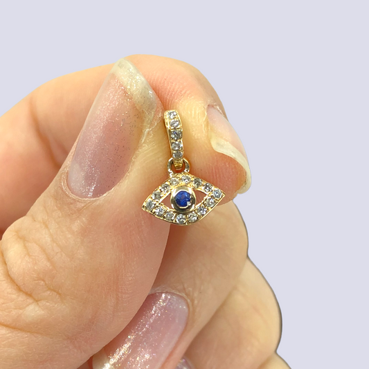 14K Yellow Gold Evil Eye Pendant Inlaid With Blue Sapphire And Diamonds