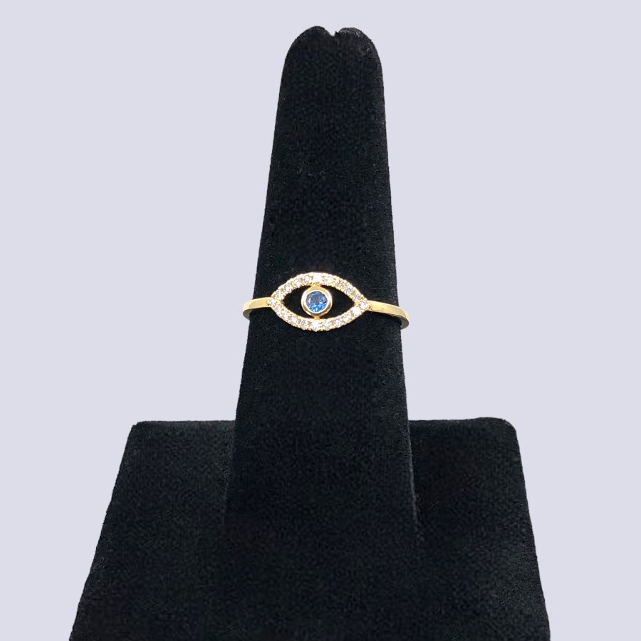 14K Yellow Gold Evil Eye Ring Inlaid With Blue Sapphire And Diamonds, Size 7