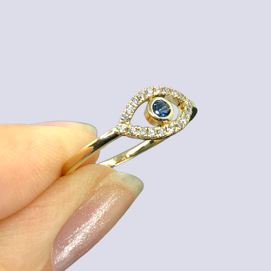 14K Yellow Gold Evil Eye Ring Inlaid With Blue Sapphire And Diamonds, Size 7